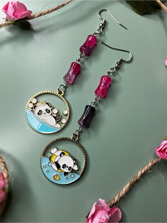 Handmade Jewelry - Handmade Bamboo Shaped Glass Bead Dangle Earrings with Panda Charms